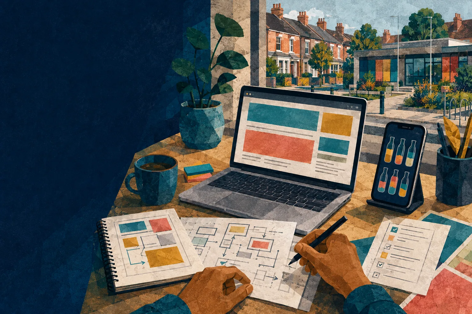 Editorial illustration of a software worktable with a public-information website, a mobile puzzle and a British neighbourhood beyond