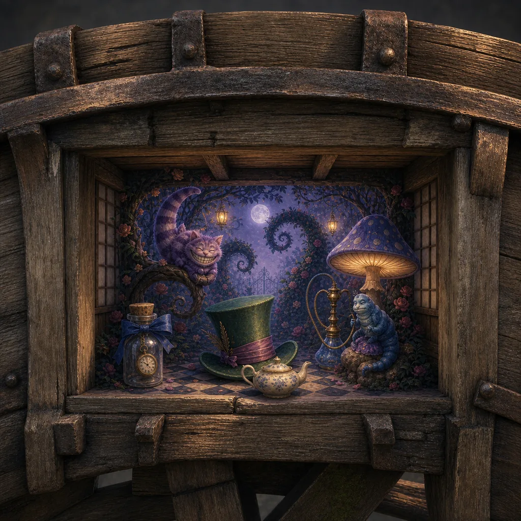 Wonderland characters and tea-party objects inside an old wooden water wheel