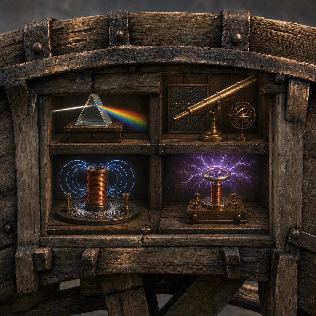 Scientific instruments demonstrating light, astronomy, magnetism and electricity inside a wooden water wheel.
