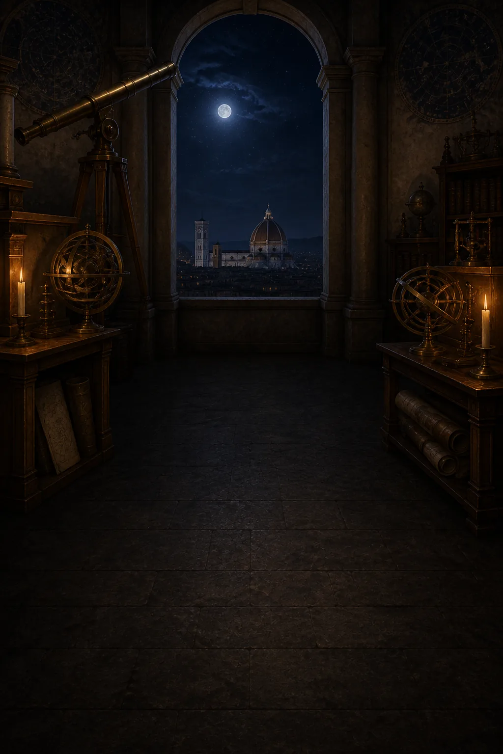 A moonlit Renaissance observatory overlooking Florence, filled with brass astronomical instruments.