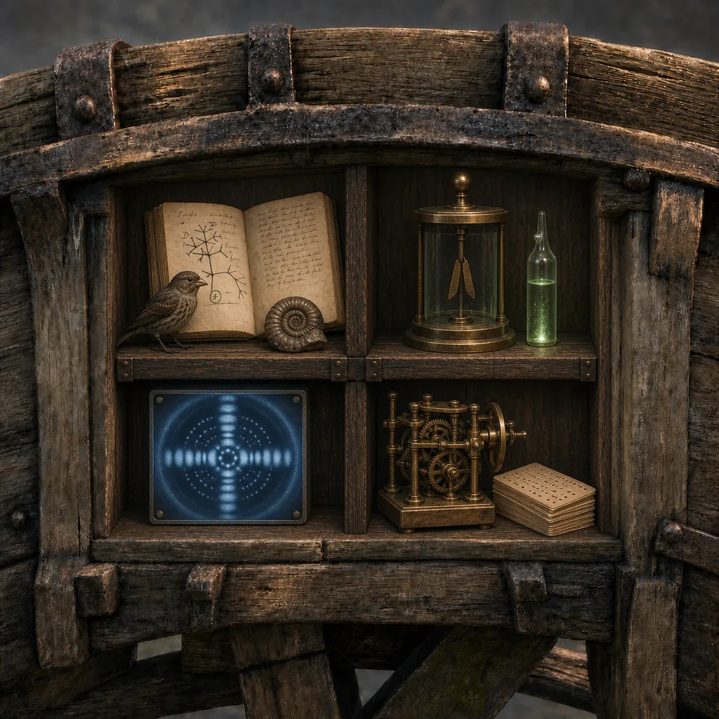 Objects associated with Darwin, Curie, Franklin and Lovelace displayed inside a wooden water wheel.