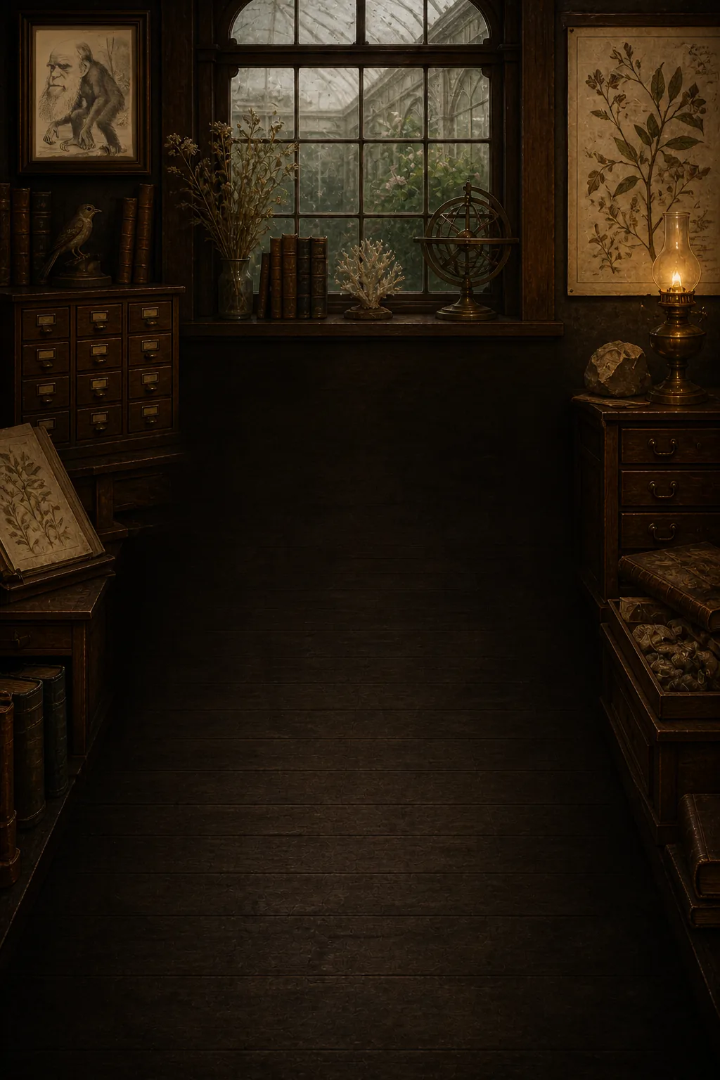 Darwin’s dark Victorian study with books, specimens, botanical drawings and a conservatory beyond.