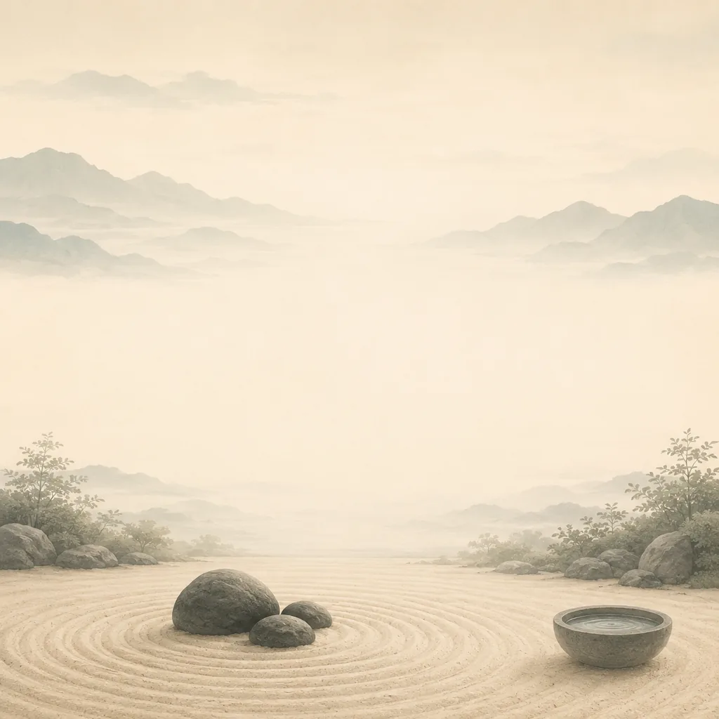 A pale, spacious Zen garden with raked sand, stones, distant mountains and a water bowl.