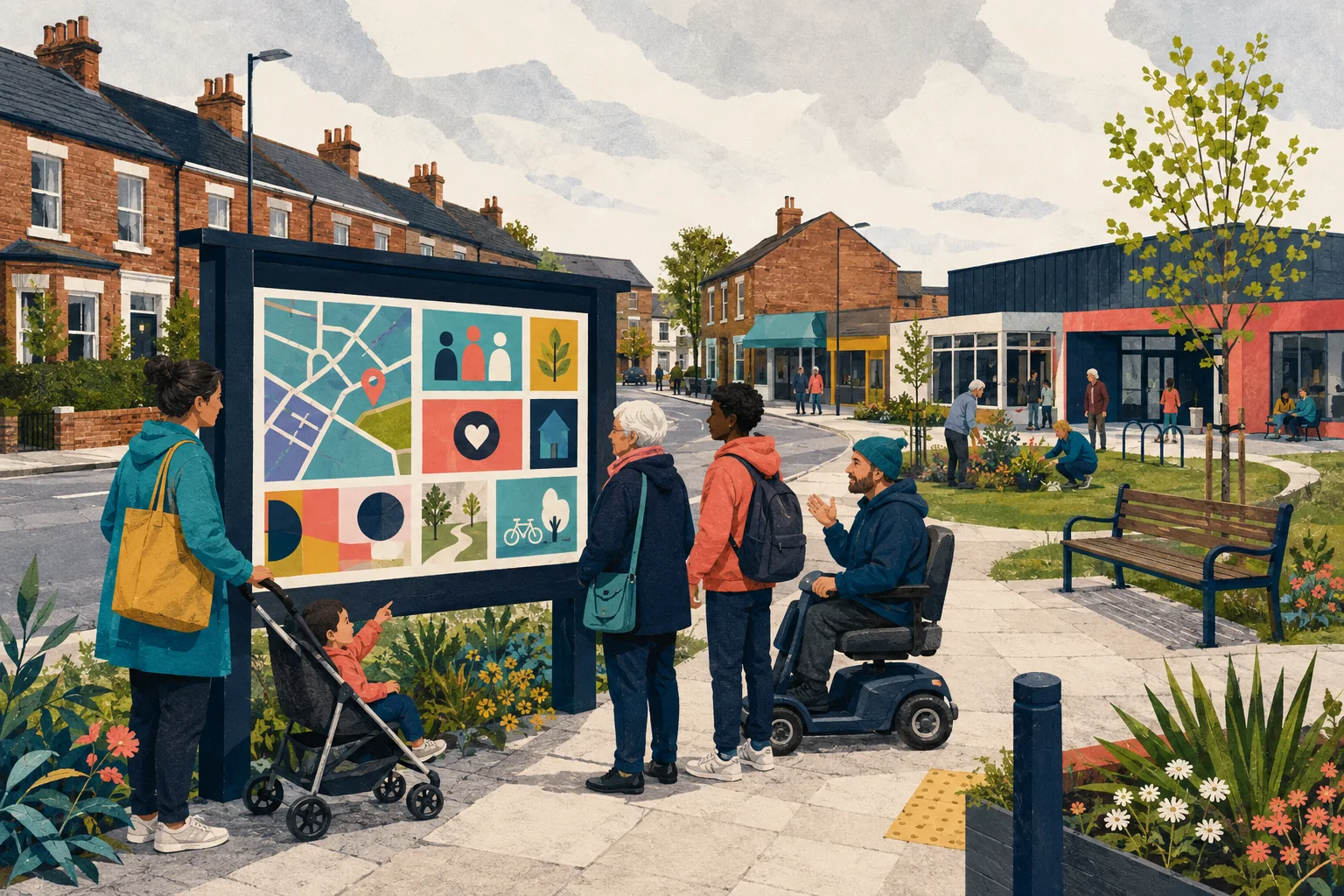 Illustration of residents using a community information board in a British neighbourhood